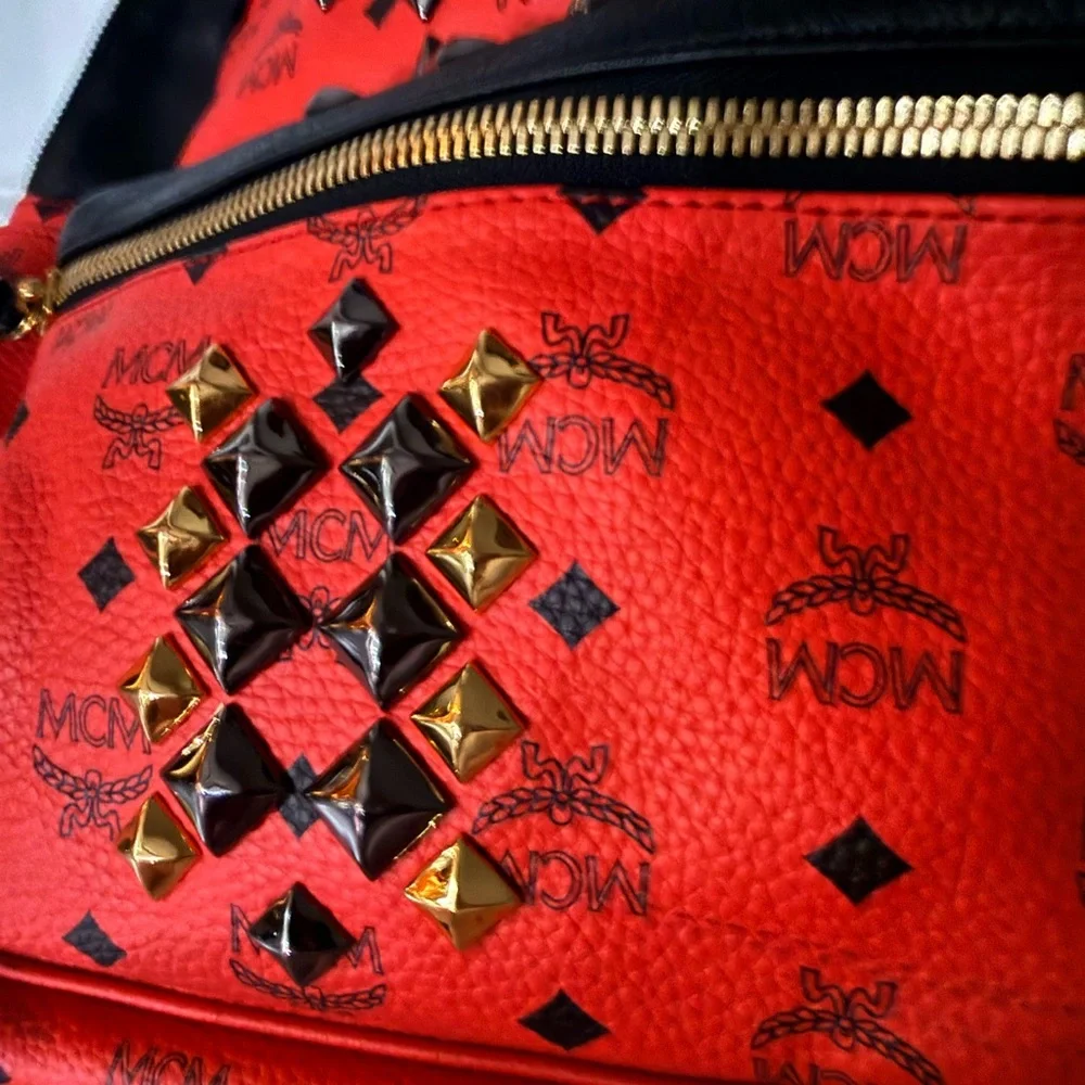 MCM Red and Black Studded Backpack - Picture 12 of 12